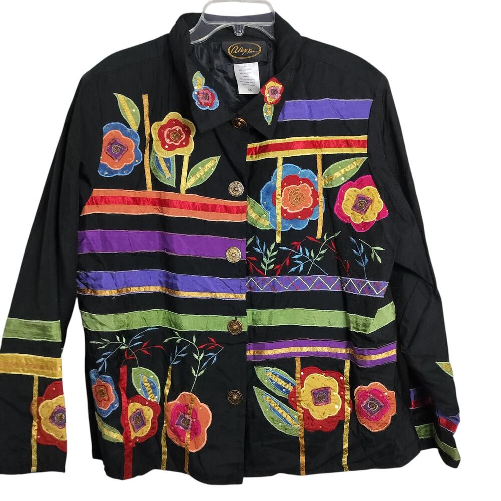 4938)Alex Kim Art to Wear Multicolor Embroidery Patchwork Button Down Top 1X - Picture 2 of 9